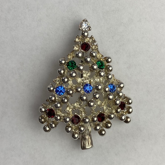 Authentic Genuine 80s Rhinestone silver tone Christmas tree pin brooch - Picture 10 of 11
